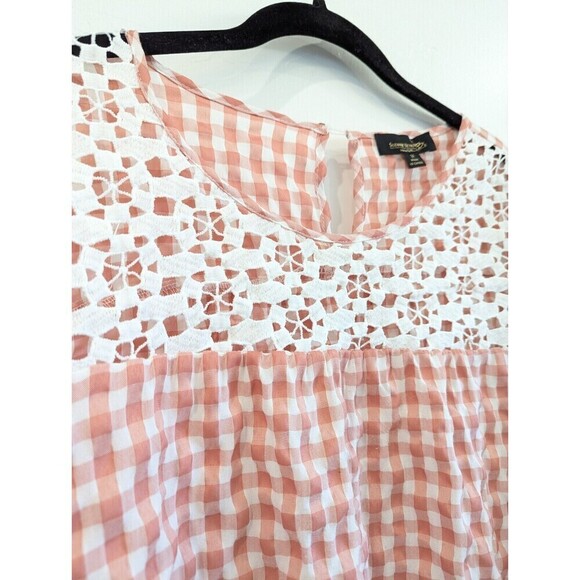 Suzanne Betro Blouse Womens Plus Size 1X Pink Gingham Crochet Top - Picture 3 of 11